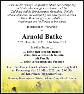 Traueranzeige von Arnold Batke  von Magdeburger Volksstimme