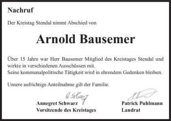 Traueranzeige von Arnold Bausemer  von Magdeburger Volksstimme