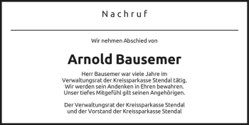Traueranzeige von Arnold Bausemer  von Magdeburger Volksstimme