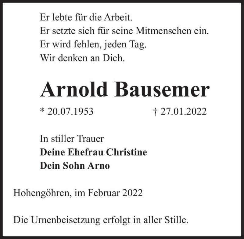  Traueranzeige für Arnold Bausemer  vom 12.02.2022 aus Magdeburger Volksstimme
