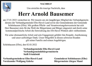 Traueranzeige von Arnold Bausemer  von Magdeburger Volksstimme