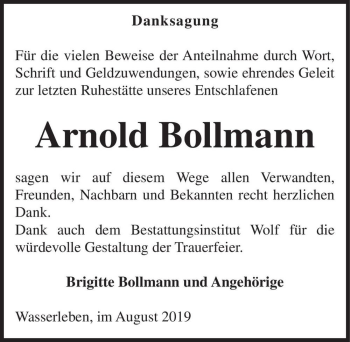 Traueranzeige von Arnold Bollmann  von Magdeburger Volksstimme