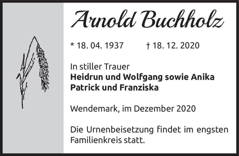  Traueranzeige für Arnold Buchholz  vom 23.12.2020 aus Magdeburger Volksstimme