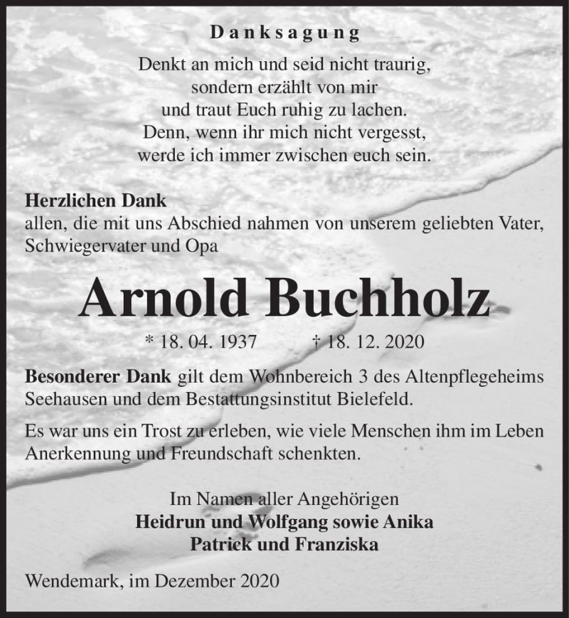  Traueranzeige für Arnold Buchholz  vom 05.01.2021 aus Magdeburger Volksstimme