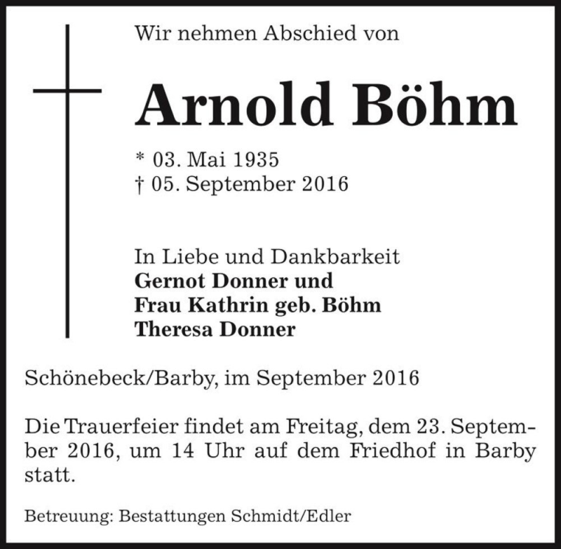  Traueranzeige für Arnold Böhm  vom 17.09.2016 aus Magdeburger Volksstimme
