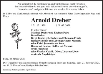 Traueranzeige von Arnold Dreher  von Magdeburger Volksstimme
