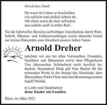 Traueranzeige von Arnold Dreher  von Magdeburger Volksstimme