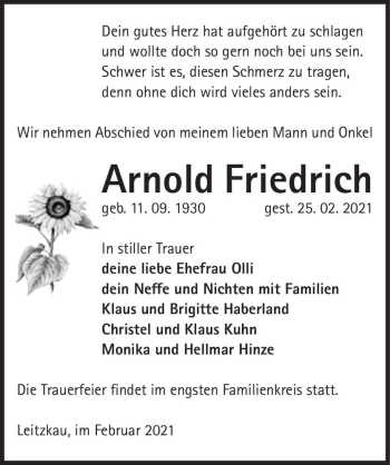 Traueranzeige von Arnold Friedrich  von Magdeburger Volksstimme