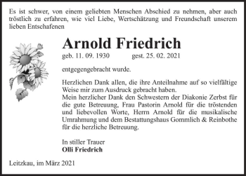 Traueranzeige von Arnold Friedrich  von Magdeburger Volksstimme