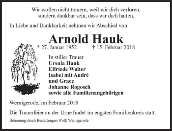 Traueranzeige von Arnold Hauk  von Magdeburger Volksstimme