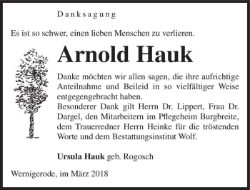 Traueranzeige von Arnold Hauk  von Magdeburger Volksstimme