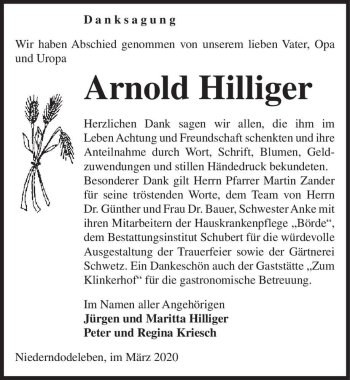 Traueranzeige von Arnold Hilliger  von Magdeburger Volksstimme