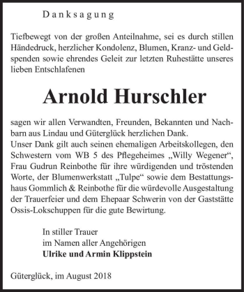 Traueranzeige von Arnold Hurschler  von Magdeburger Volksstimme