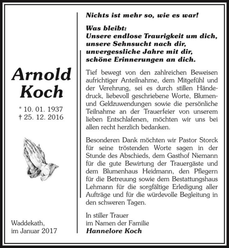  Traueranzeige für Arnold Koch  vom 19.01.2017 aus Magdeburger Volksstimme