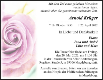 Traueranzeige von Arnold Krüger  von Magdeburger Volksstimme