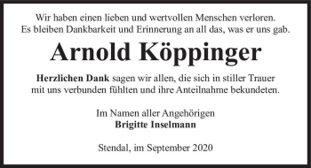 Traueranzeige von Arnold Köppinger  von Magdeburger Volksstimme