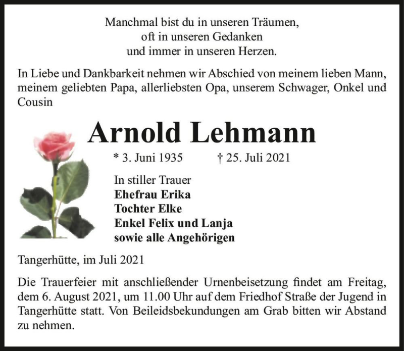  Traueranzeige für Arnold Lehmann  vom 30.07.2021 aus Magdeburger Volksstimme