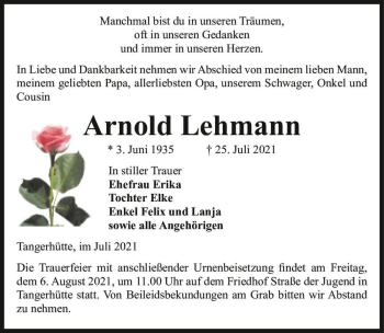 Traueranzeige von Arnold Lehmann  von Magdeburger Volksstimme