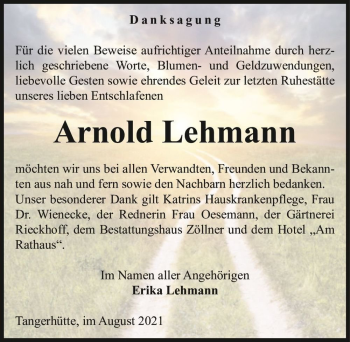 Traueranzeige von Arnold Lehmann  von Magdeburger Volksstimme