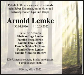 Traueranzeige von Arnold Lemke  von Magdeburger Volksstimme