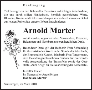 Traueranzeige von Arnold Marter  von Magdeburger Volksstimme