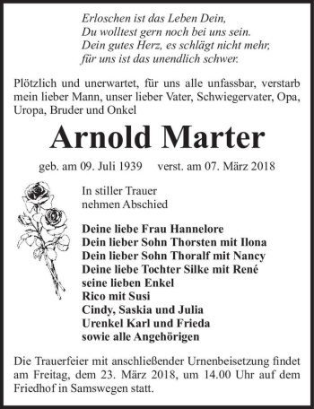 Traueranzeige von Arnold Marter  von Magdeburger Volksstimme