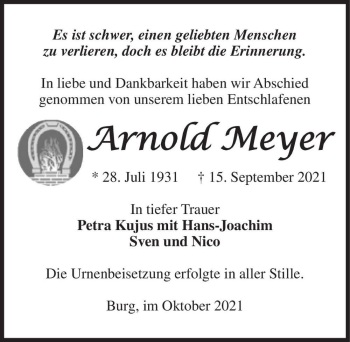 Traueranzeige von Arnold Meyer  von Magdeburger Volksstimme
