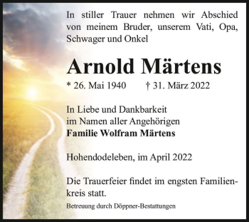 Traueranzeige von Arnold Märtens  von Magdeburger Volksstimme