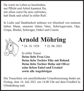 Traueranzeige von Arnold Möhring  von Magdeburger Volksstimme