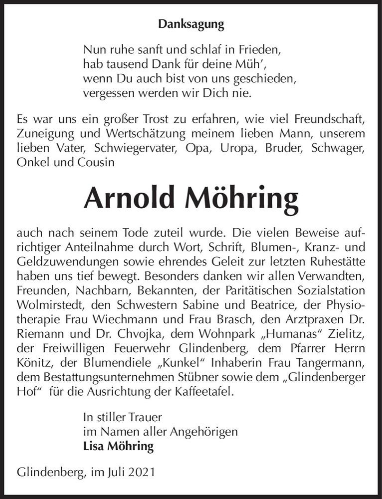  Traueranzeige für Arnold Möhring  vom 24.07.2021 aus Magdeburger Volksstimme