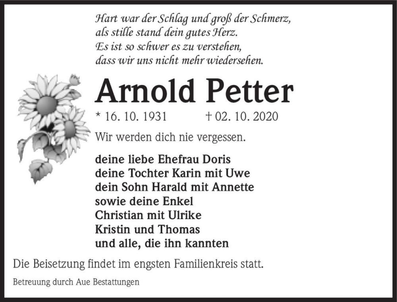  Traueranzeige für Arnold Petter  vom 10.10.2020 aus Magdeburger Volksstimme