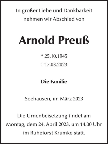 Traueranzeige von Arnold Preuß  von Magdeburger Volksstimme