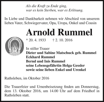 Traueranzeige von Arnold Rummel  von Magdeburger Volksstimme