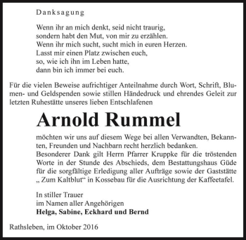 Traueranzeige von Arnold Rummel  von Magdeburger Volksstimme