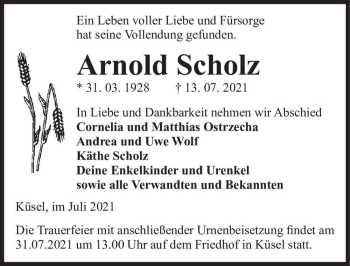 Traueranzeige von Arnold Scholz  von Magdeburger Volksstimme