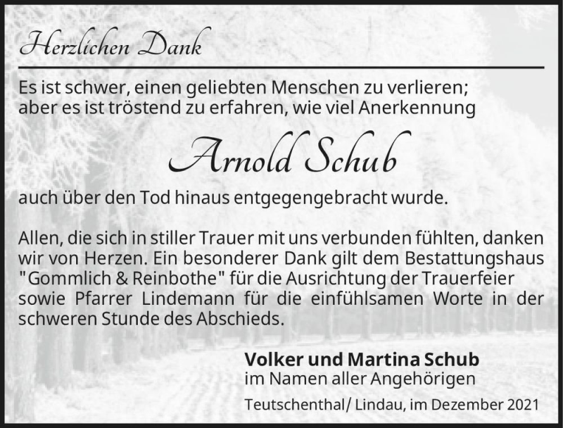  Traueranzeige für Arnold Schub  vom 24.12.2021 aus Magdeburger Volksstimme