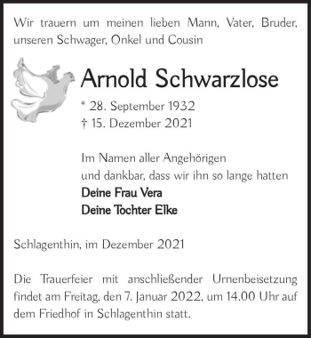 Traueranzeige von Arnold Schwarzlose  von Magdeburger Volksstimme
