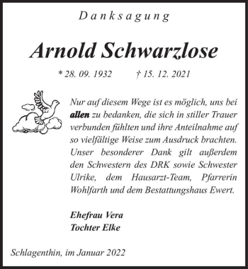 Traueranzeige von Arnold Schwarzlose  von Magdeburger Volksstimme