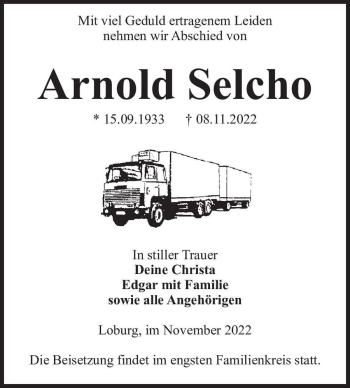 Traueranzeige von Arnold Selcho  von Magdeburger Volksstimme