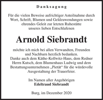 Traueranzeige von Arnold Siebrandt  von Magdeburger Volksstimme