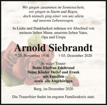Traueranzeige von Arnold Siebrandt  von Magdeburger Volksstimme
