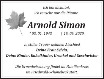 Traueranzeige von Arnold Simon  von Magdeburger Volksstimme