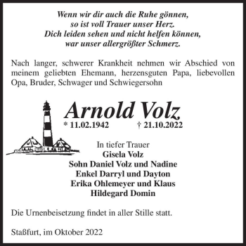 Traueranzeige von Arnold Volz  von Magdeburger Volksstimme