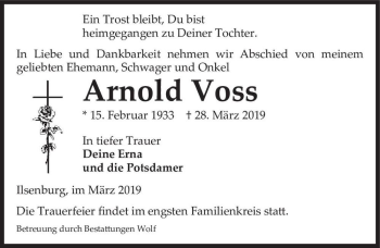 Traueranzeige von Arnold Voss  von Magdeburger Volksstimme