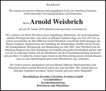 Traueranzeige von Arnold Weisbrich  von Magdeburger Volksstimme