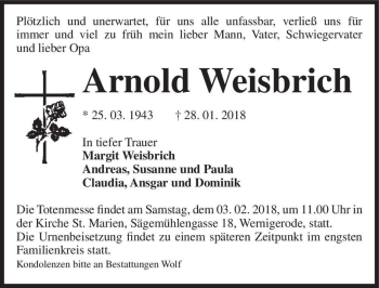 Traueranzeige von Arnold Weisbrich  von Magdeburger Volksstimme