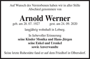 Traueranzeige von Arnold Werner  von Magdeburger Volksstimme