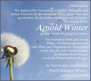 Traueranzeige von Arnold Winter  von Magdeburger Volksstimme