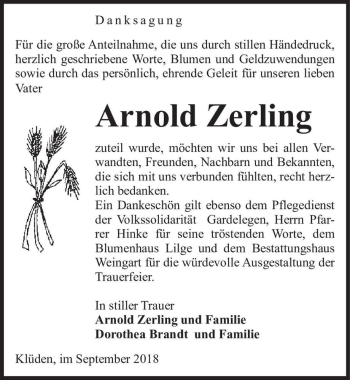 Traueranzeige von Arnold Zerling  von Magdeburger Volksstimme