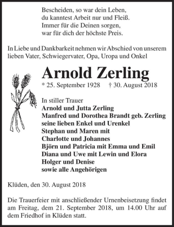 Traueranzeige von Arnold Zerling  von Magdeburger Volksstimme
